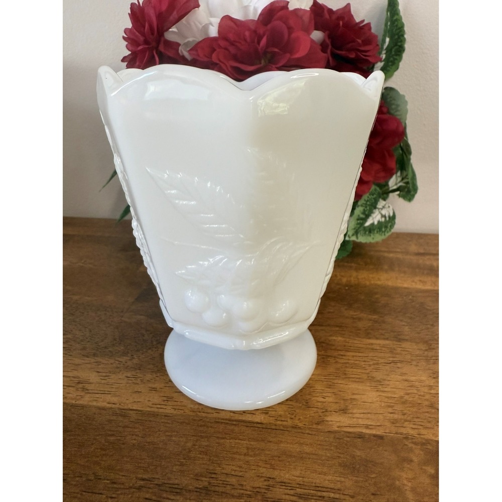 Vintage NAPCO Milk Glass Pedestal Vase Cherry Leaf Embossed Footed Planter